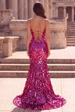 Sparkly Fuchsia Mermaid Teardrop Sequins Spaghetti Straps Long Prom Dress with Slit