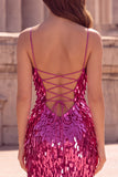 Sparkly Fuchsia Mermaid Teardrop Sequins Spaghetti Straps Long Prom Dress with Slit