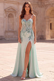 Mint Mermaid Corset Mermaid Beaded Sheer Spaghetti Straps Long Prom Dress with Draping