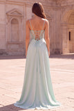 Mint Mermaid Corset Mermaid Beaded Sheer Spaghetti Straps Long Prom Dress with Draping