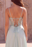 Mint Mermaid Corset Mermaid Beaded Sheer Spaghetti Straps Long Prom Dress with Draping