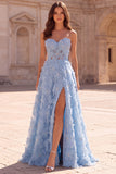 Light Blue A-Line Floral Appliques Strapless Pearls Long Prom Dress with Slit