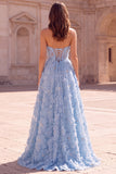 Light Blue A-Line Floral Appliques Strapless Pearls Long Prom Dress with Slit