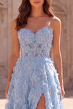 Light Blue A-Line Floral Appliques Strapless Pearls Long Prom Dress with Slit