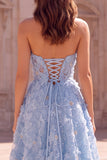 Light Blue A-Line Floral Appliques Strapless Pearls Long Prom Dress with Slit