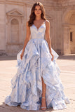 Light Blue Jacquard A-Line Tiered Ruffled Spaghetti Straps Long Prom Dress with Slit