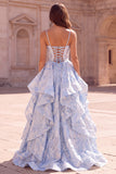 Light Blue Jacquard A-Line Tiered Ruffled Spaghetti Straps Long Prom Dress with Slit