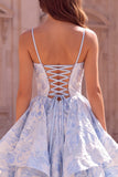 Light Blue Jacquard A-Line Tiered Ruffled Spaghetti Straps Long Prom Dress with Slit