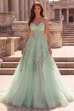 Glitter Mint Green Corset Sheer Beaded A-Line Tulle Strapless Long Prom Dress