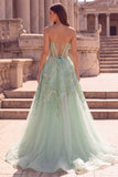 Glitter Mint Green Corset Sheer Beaded A-Line Tulle Strapless Long Prom Dress
