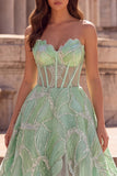 Glitter Mint Green Corset Sheer Beaded A-Line Tulle Strapless Long Prom Dress