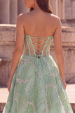 Glitter Mint Green Corset Sheer Beaded A-Line Tulle Strapless Long Prom Dress