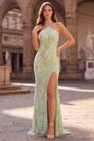 Halter Mint Green Beaded Mermaid Long Prom Dress with Slit