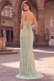 Halter Mint Green Beaded Mermaid Long Prom Dress with Slit