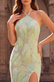 Halter Mint Green Beaded Mermaid Long Prom Dress with Slit