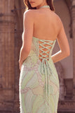 Halter Mint Green Beaded Mermaid Long Prom Dress with Slit