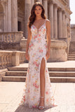 White Flower Sequins Embroidery Mermaid Spaghetti Straps Long Prom Dress with Slit