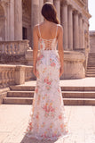 White Flower Sequins Embroidery Mermaid Spaghetti Straps Long Prom Dress with Slit