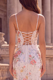 White Flower Sequins Embroidery Mermaid Spaghetti Straps Long Prom Dress with Slit