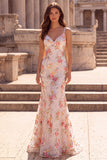 Pink Flower Mermaid Sequins Embroidery Spaghetti Straps Long Prom Dress