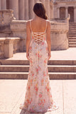 Pink Flower Mermaid Sequins Embroidery Spaghetti Straps Long Prom Dress