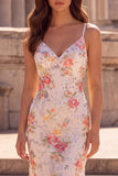 Pink Flower Mermaid Sequins Embroidery Spaghetti Straps Long Prom Dress