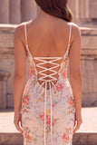 Pink Flower Mermaid Sequins Embroidery Spaghetti Straps Long Prom Dress