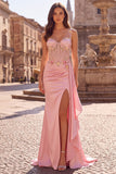 Pink Floral Appliques Corset Sheer Satin Mermaid Draped Long Prom Dress with Slit