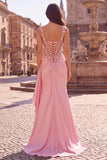 Pink Floral Appliques Corset Sheer Satin Mermaid Draped Long Prom Dress with Slit