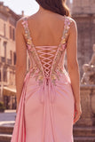 Pink Floral Appliques Corset Sheer Satin Mermaid Draped Long Prom Dress with Slit