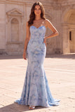 Light Blue Mermaid Strapless Long Prom Dress with Beading