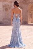 Light Blue Mermaid Strapless Long Prom Dress with Beading