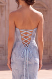 Light Blue Mermaid Strapless Long Prom Dress with Beading