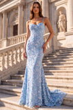 Light Blue Mermaid Floral Appliques Corset Spaghetti Straps Long Prom Dress