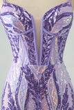 Sparkly Dark Purple Spaghetti Straps Corset Unique Homecoming Dress with Sequins