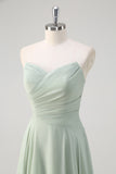 Matcha A Line Strapless Ruched Chiffon Long Bridesmaid Dress