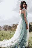 Green Tulle A-Line Spaghetti Straps Ruched Long Prom Dress with Embroidery