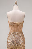 Sparkly Golden Bodycon Sweetheart Sheer Corset Sequins Homecoming Dress