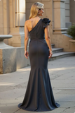 Black One Shoulder Ruched Satin Mermaid Mother of the Bride Dress with 3D Flower