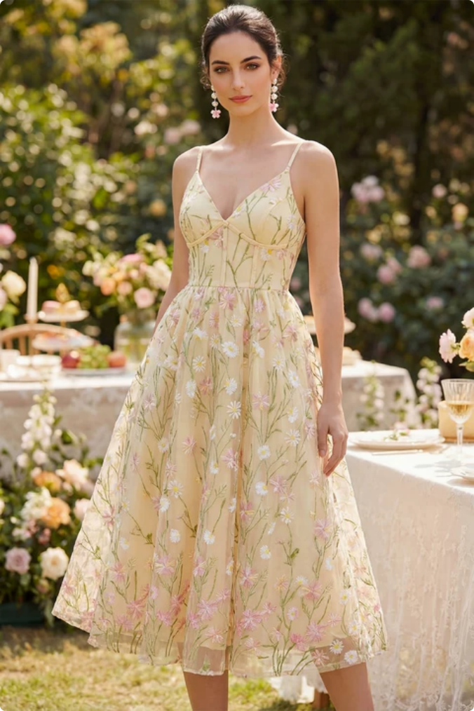 Zapaka Women Light Yellow Floral Midi Dress Corset A Line Spaghetti Straps Wedding Guest Dress, Light Yellow / US12