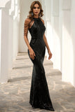 Black Halter Sequins Mermaid Long Choir Dress