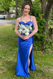 Royal Blue Mermaid Spaghetti Straps Long Prom Dress With Slit