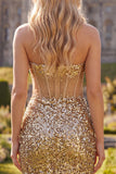 Sparkly Golden Bodycon Sweetheart Sheer Corset Sequins Homecoming Dress