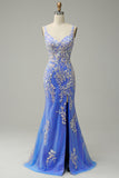 Trendy Mermaid V Neck Light Blue Long Prom Dress with Appliques Slit