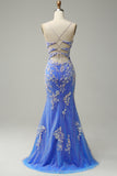 Trendy Mermaid V Neck Light Blue Long Prom Dress with Appliques Slit