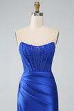 Royal Blue Mermaid Strapless Long Corset Prom Dress with Slit