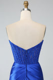 Royal Blue Mermaid Strapless Long Corset Prom Dress with Slit