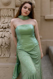 Two Piece Sage Green Strapless Mermaid Beaded Satin Long Prom Dress with a Neck Scarf