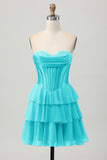 Blue Tiered Corset A Line Strapless Short Homecoming Dress
