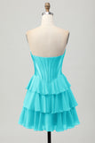 Blue Tiered Corset A Line Strapless Short Homecoming Dress